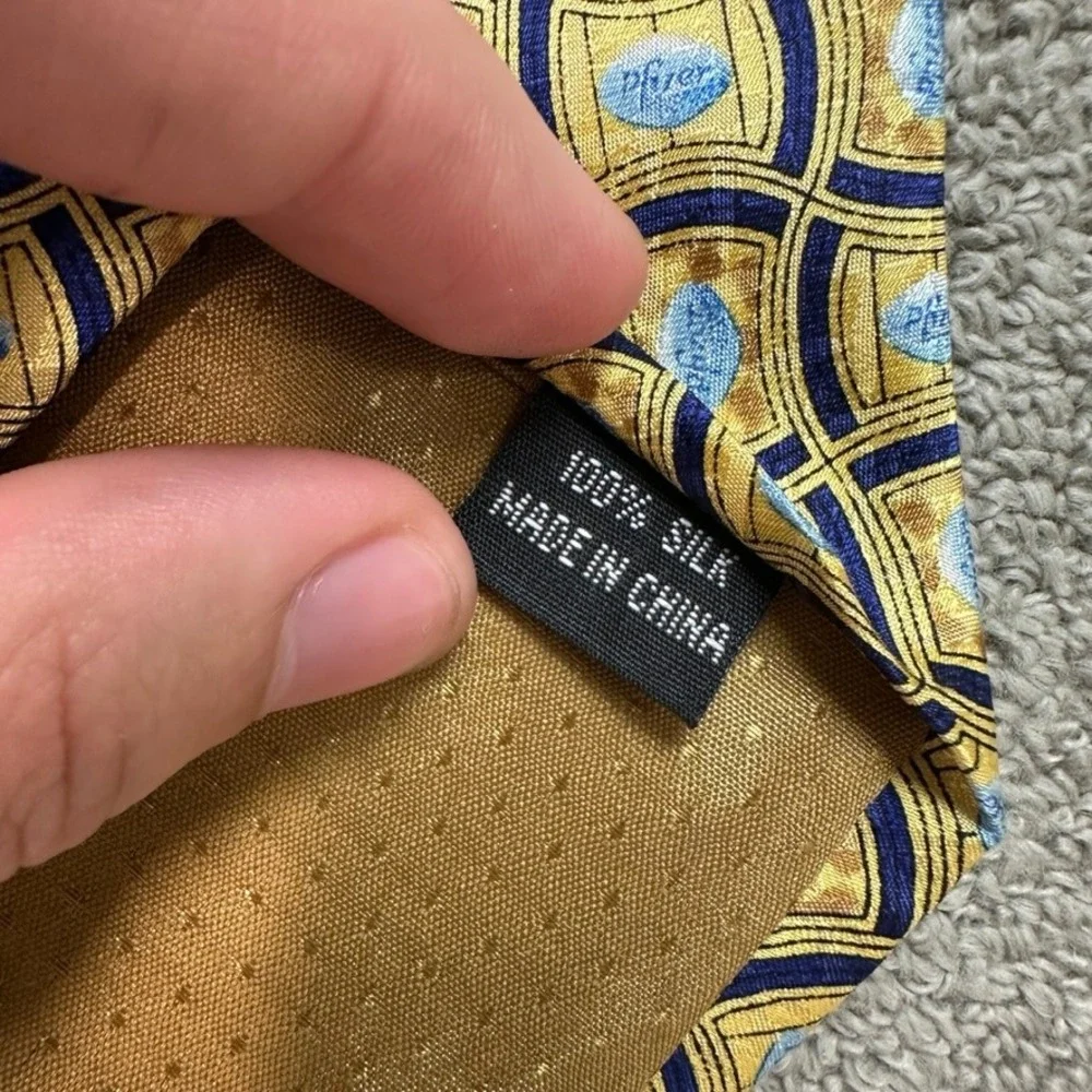 Pfizer Corporate Logo Silk Necktie Gold Navy Blue Geometric Pharmaceutical Tie